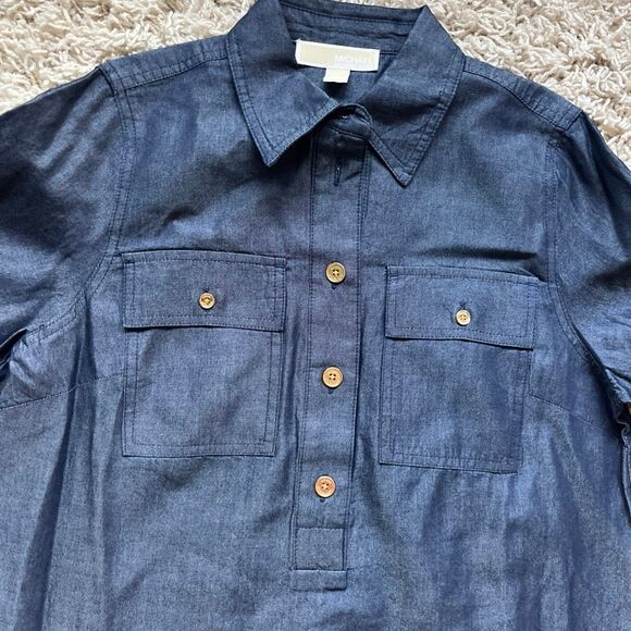Michael Kors Blue Indigo Popover Chambray Placket Tunic Top Medium - Picture 2 of 11